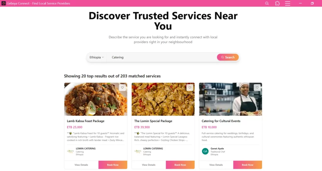 Catering services Addis Ababa – example search results on Gebeya Connect showing packages and trusted caterers in Addis Ababa.