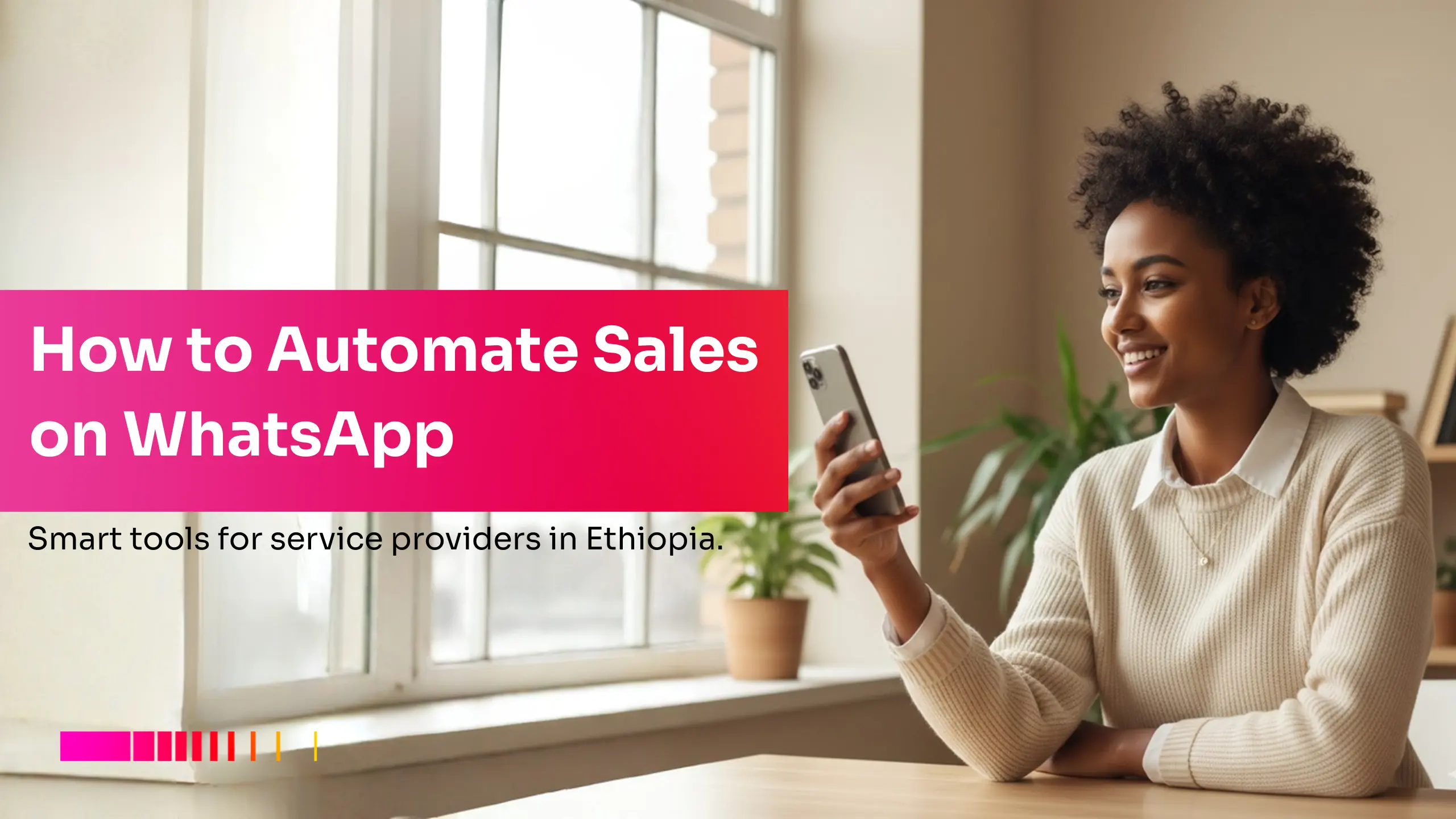 Young Ethiopian freelancer using her phone to automate sales on WhatsApp in Ethiopia with Gebeya Jitume platform.