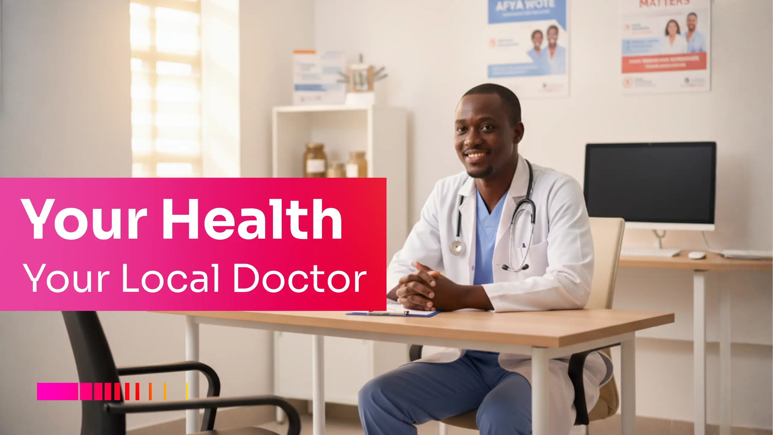 Smiling doctor ready to help patients searching for doctor near me in Kenya.