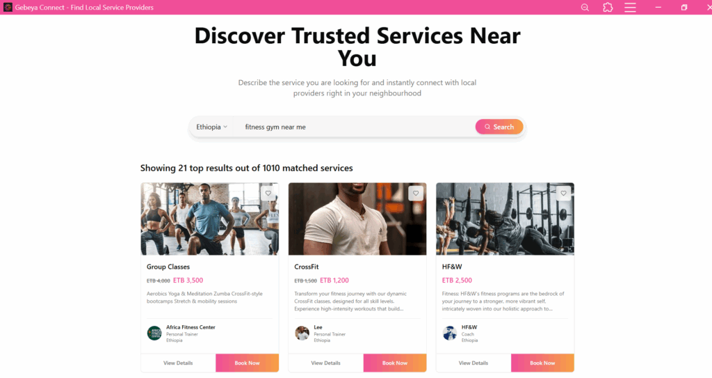 Gebeya Connect search results for fitness gyms near me in Ethiopia showing group classes, trainers, and membership options.