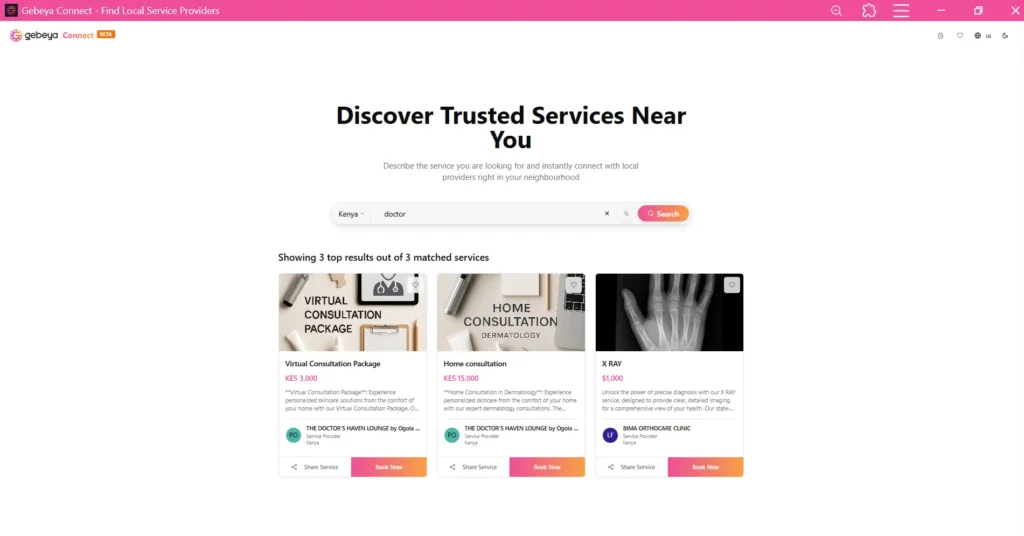 Gebeya Connect platform showing how to find and book a doctor near me in Kenya online.