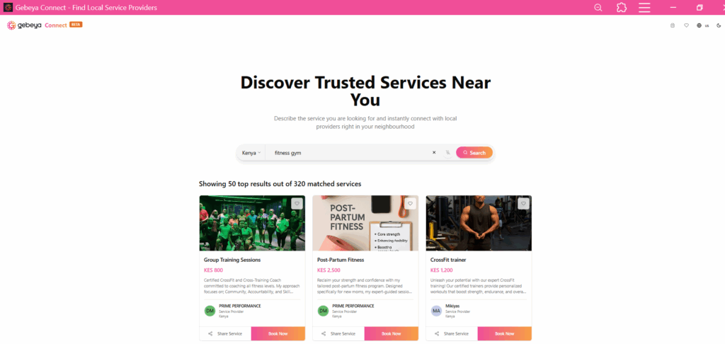 Gebeya Connect search results showing verified fitness gyms near me Kenya with trainers and prices listed
