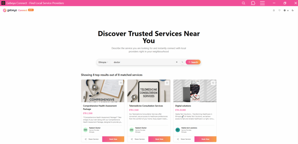Gebeya Connect search results showing doctor near me Ethiopia listings