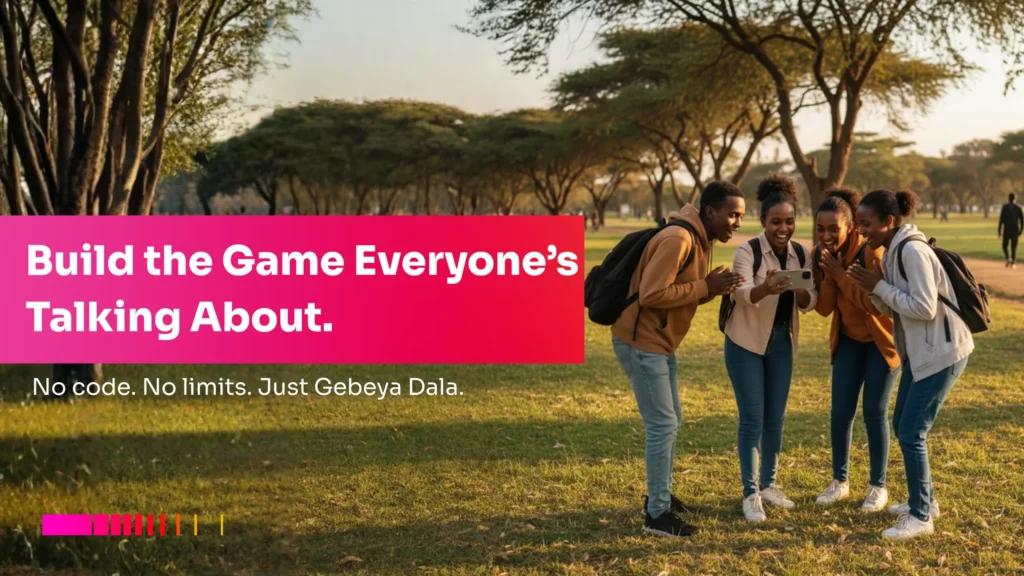 Young creators exploring how to create a game app without coding in Ethiopia using Gebeya Dala.
