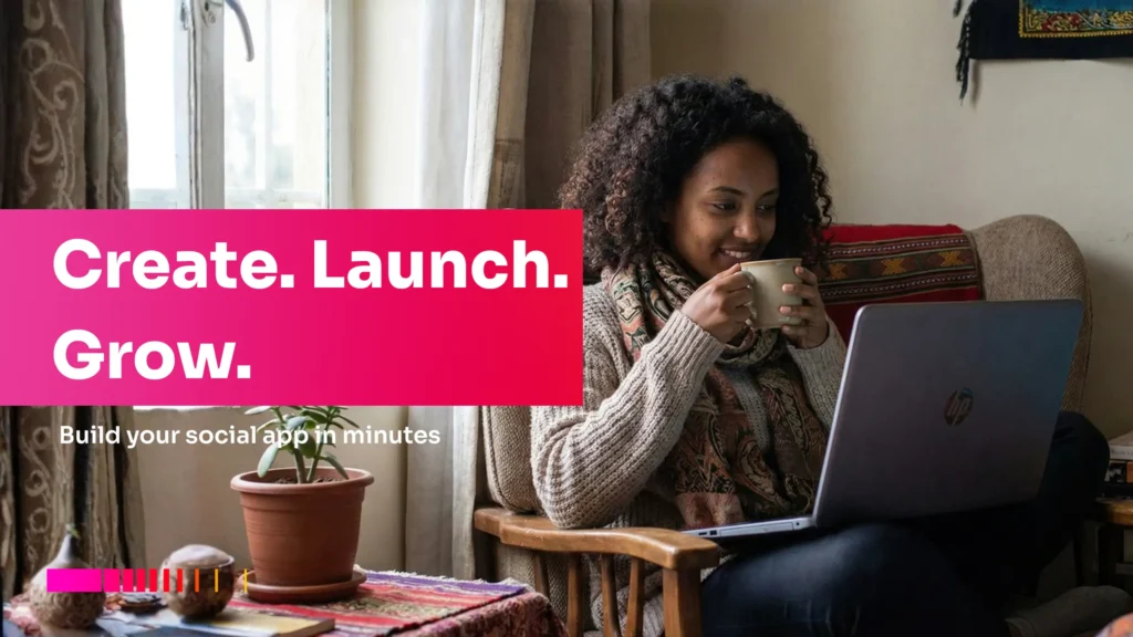 Woman using a laptop at home while learning how to make a social media app without coding in Kenya.