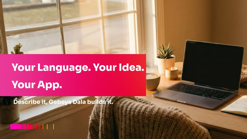 Workspace showing laptop used to build apps with the easiest app development platform using AI-powered app builder Gebeya Dala.