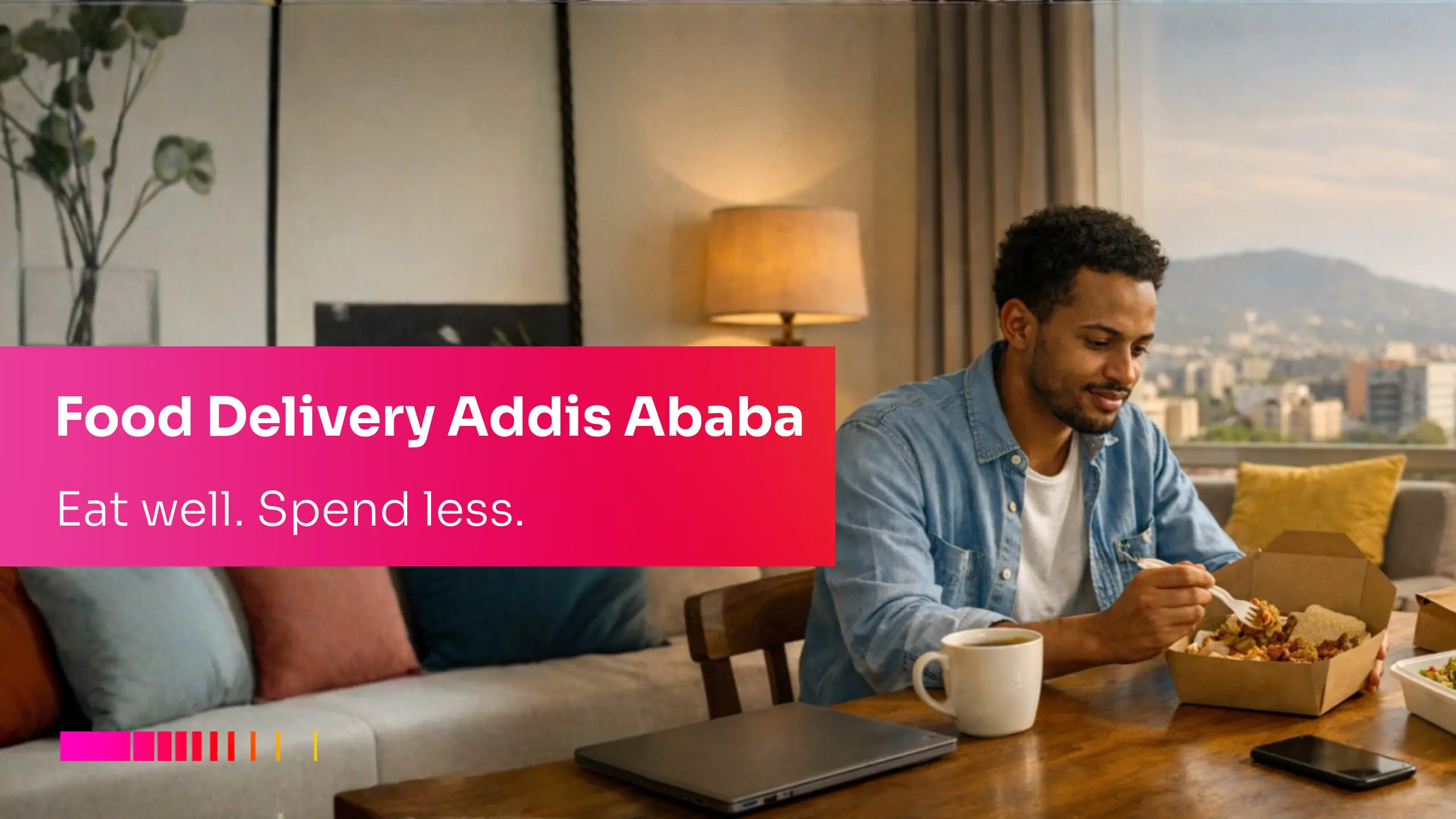 Man enjoying food delivery Addis Ababa while working from home