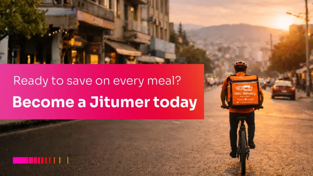 Food delivery Addis Ababa rider from beU on bike delivering food at sunset