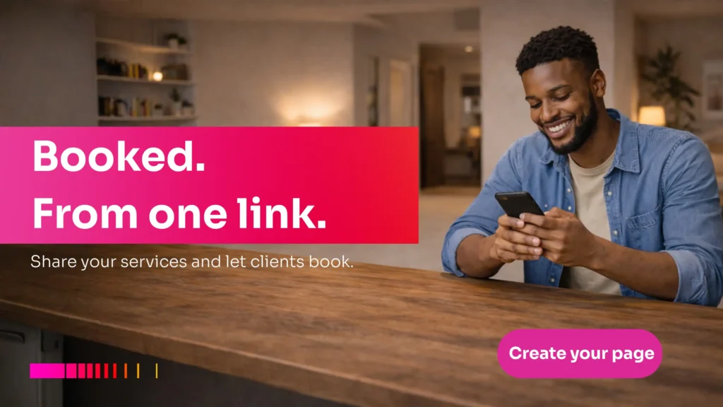 Business owner using phone to demonstrate how to automate sales on WhatsApp and Telegram with a single booking page