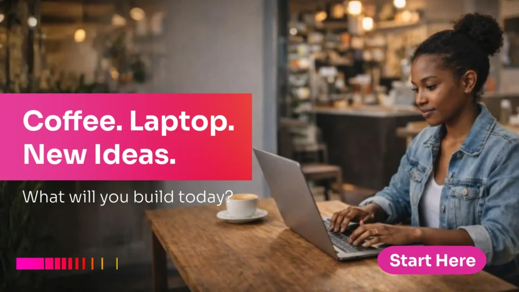 Entrepreneur using an AI platform builder Kenya tool to create new app ideas on a laptop