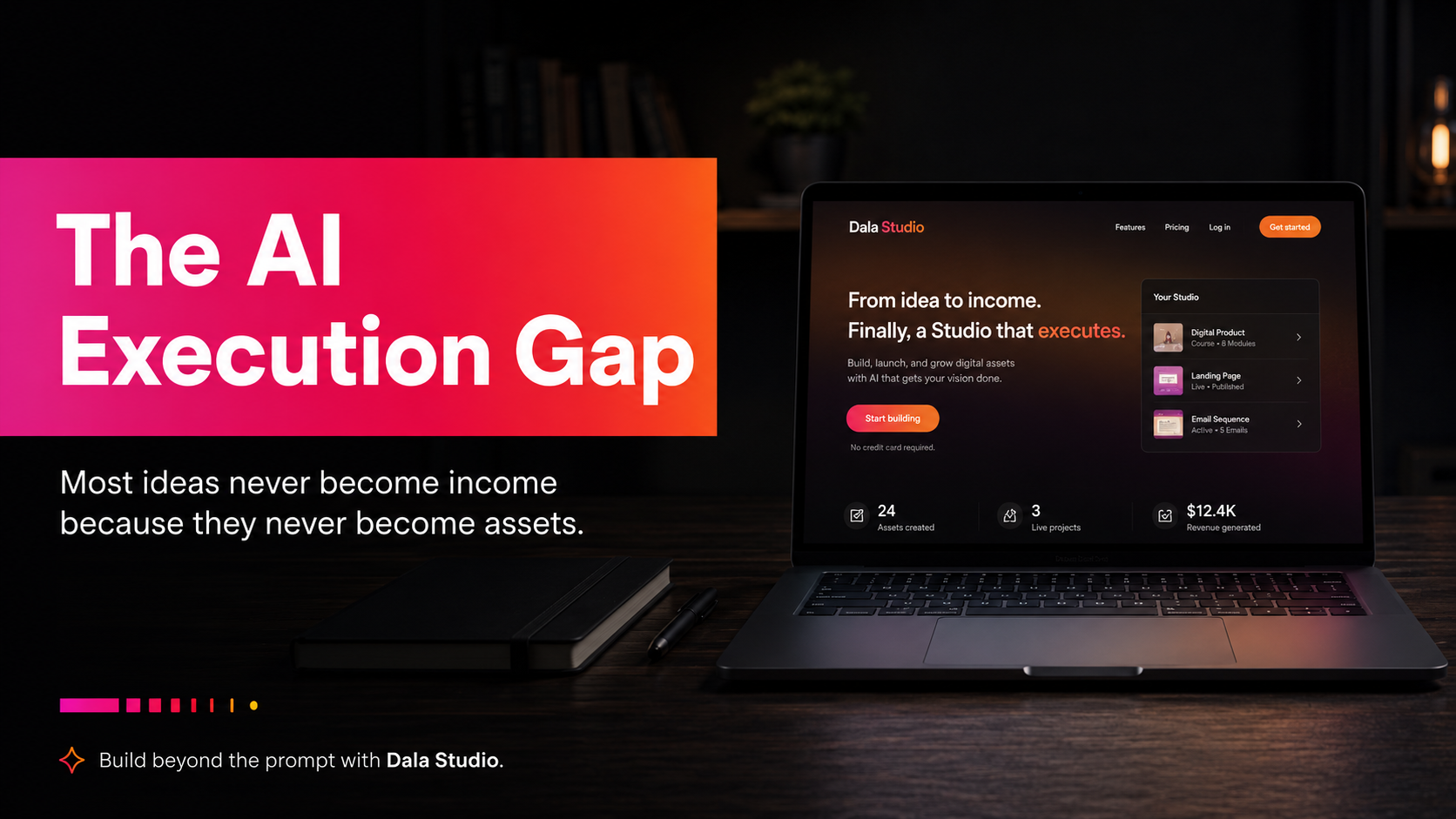 AI Execution Gap visual showing Dala Studio as an AI creation platform for turning ideas into digital assets