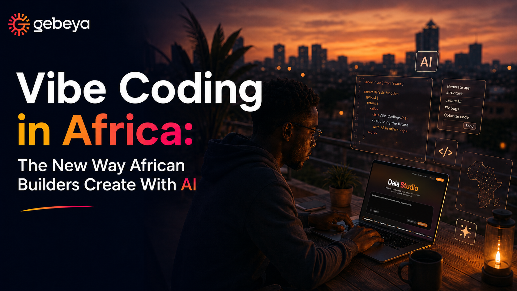 Vibe coding in Africa showing African builders using Dala Studio to create apps, websites, AI agents, and digital products